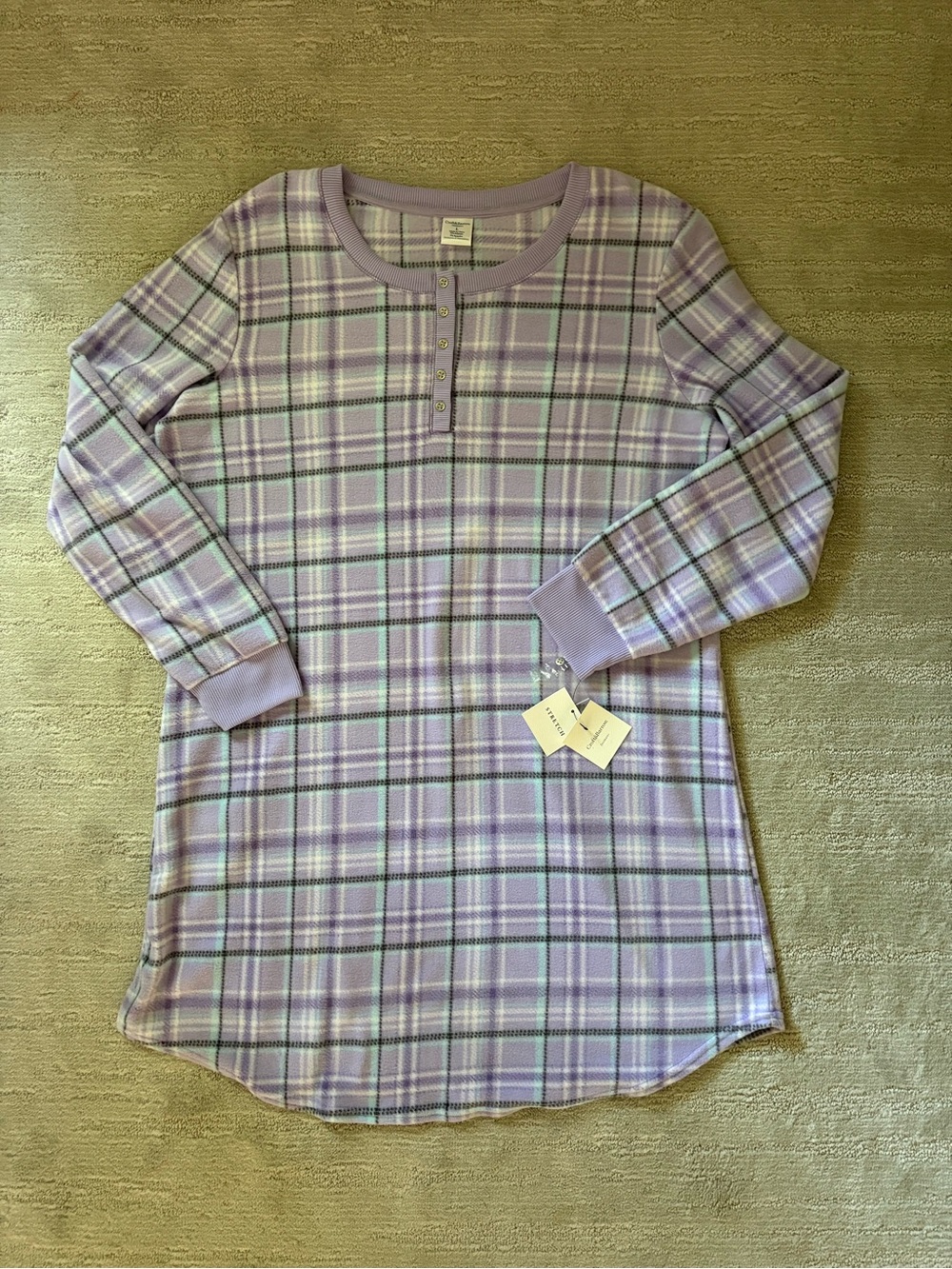 Croft & Barrow Plaid Fleece Henley Nightgown Dress L Purple Cozy Lounge